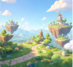 A bright casual game world with floating islands and a winding path