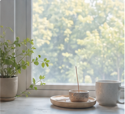 A sunlit desk with tea and plants for a quiet reflection ritual
